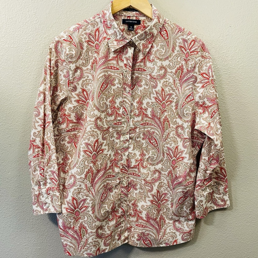 Lands End Paisley Floral Button Up Shirt Cotton Beige Red Boho Office Size 14